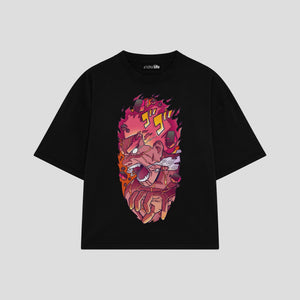 Playera streetwear premium de anime y gaming ExtraLife MX, corte boxy oversized drop shoulder heavyweight en color Deep Black y Off-White, moda urbana mexicana de culto.