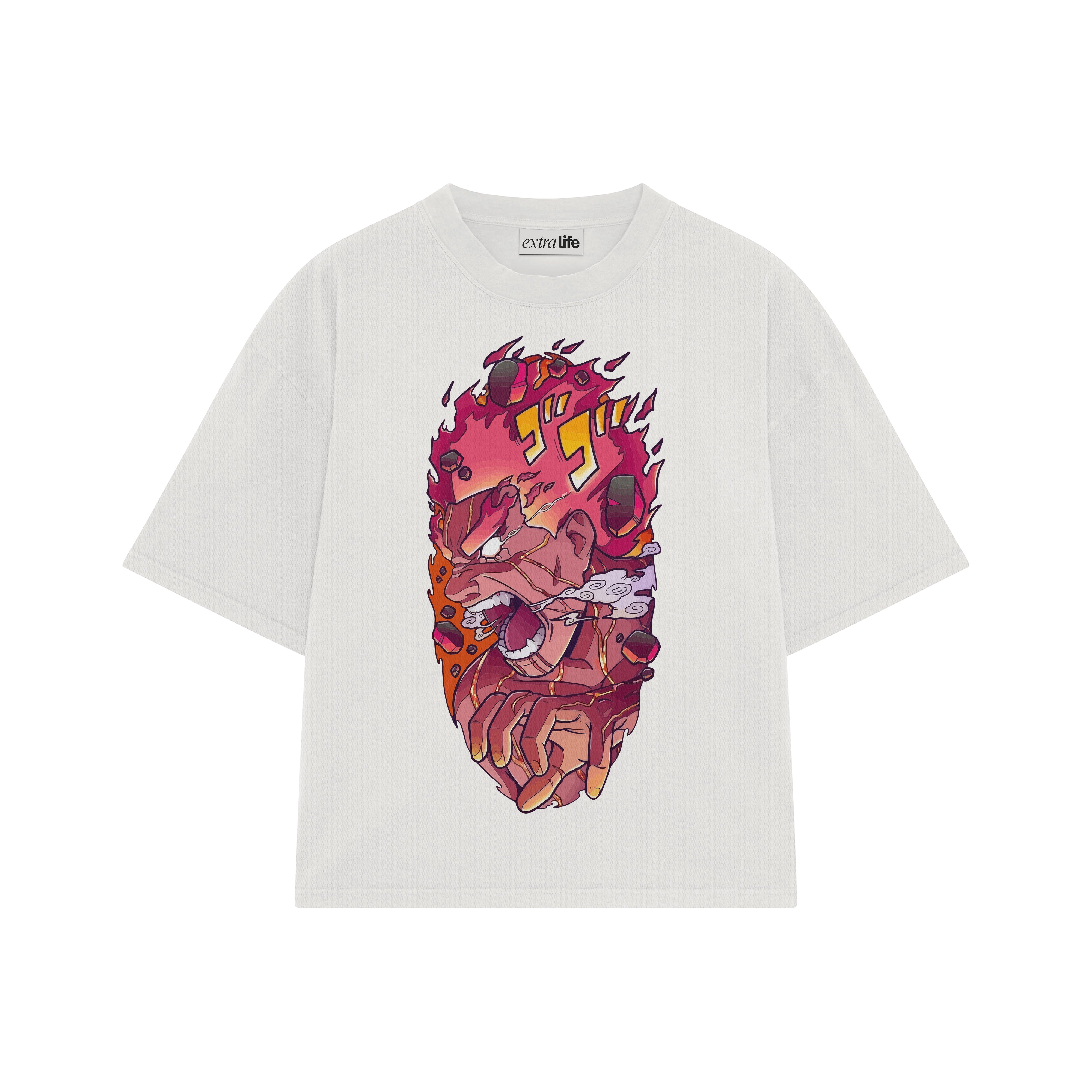 Playera streetwear premium de anime y gaming ExtraLife MX, corte boxy oversized drop shoulder heavyweight en color Deep Black y Off-White, moda urbana mexicana de culto.