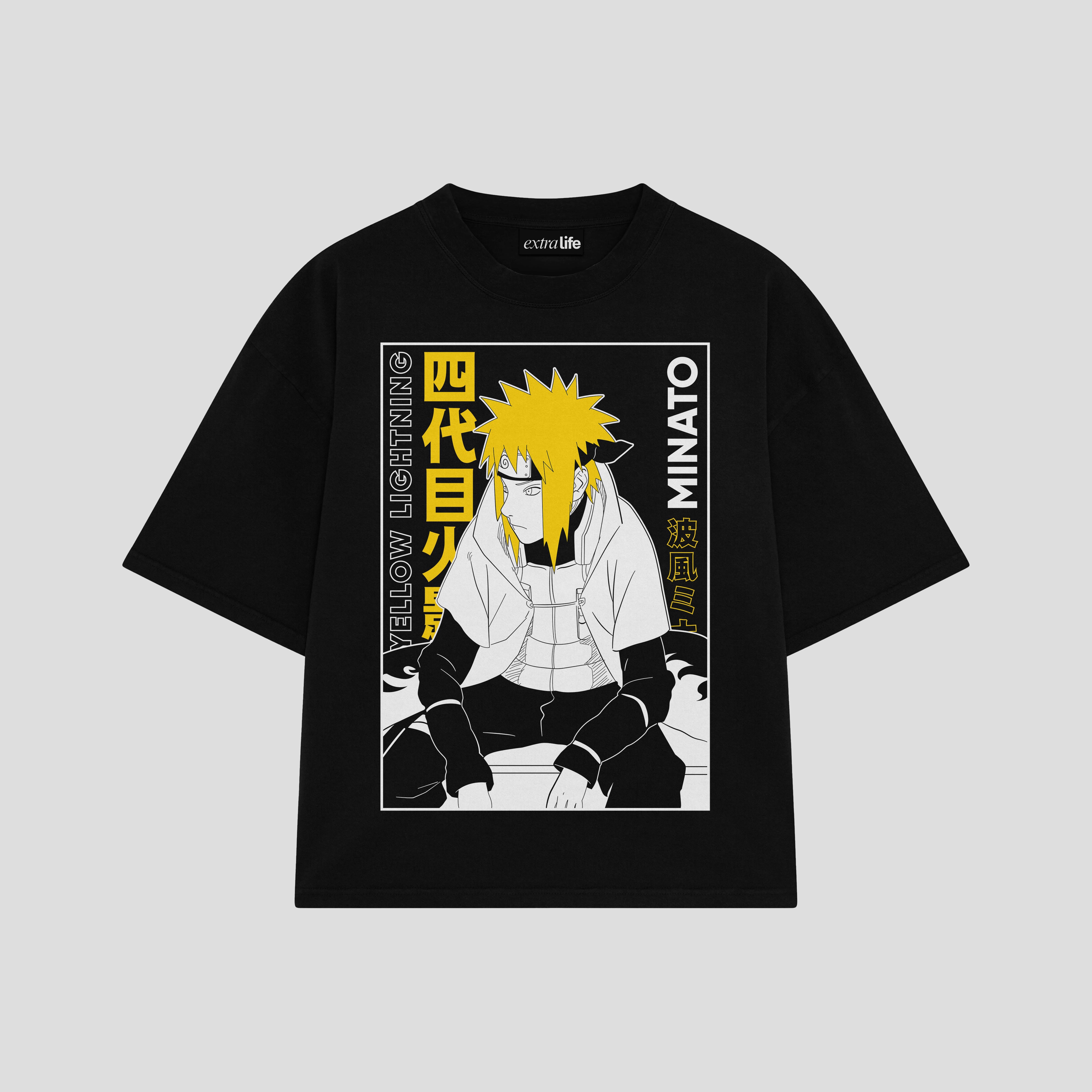 Playera streetwear premium de anime y gaming ExtraLife MX, corte boxy oversized drop shoulder heavyweight en color Deep Black y Off-White, moda urbana mexicana de culto.