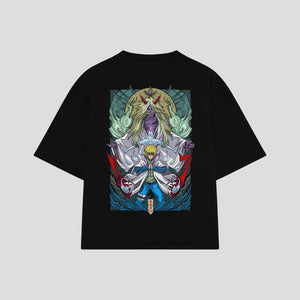 Playera streetwear premium de anime y gaming ExtraLife MX, corte boxy oversized drop shoulder heavyweight en color Deep Black y Off-White, moda urbana mexicana de culto.