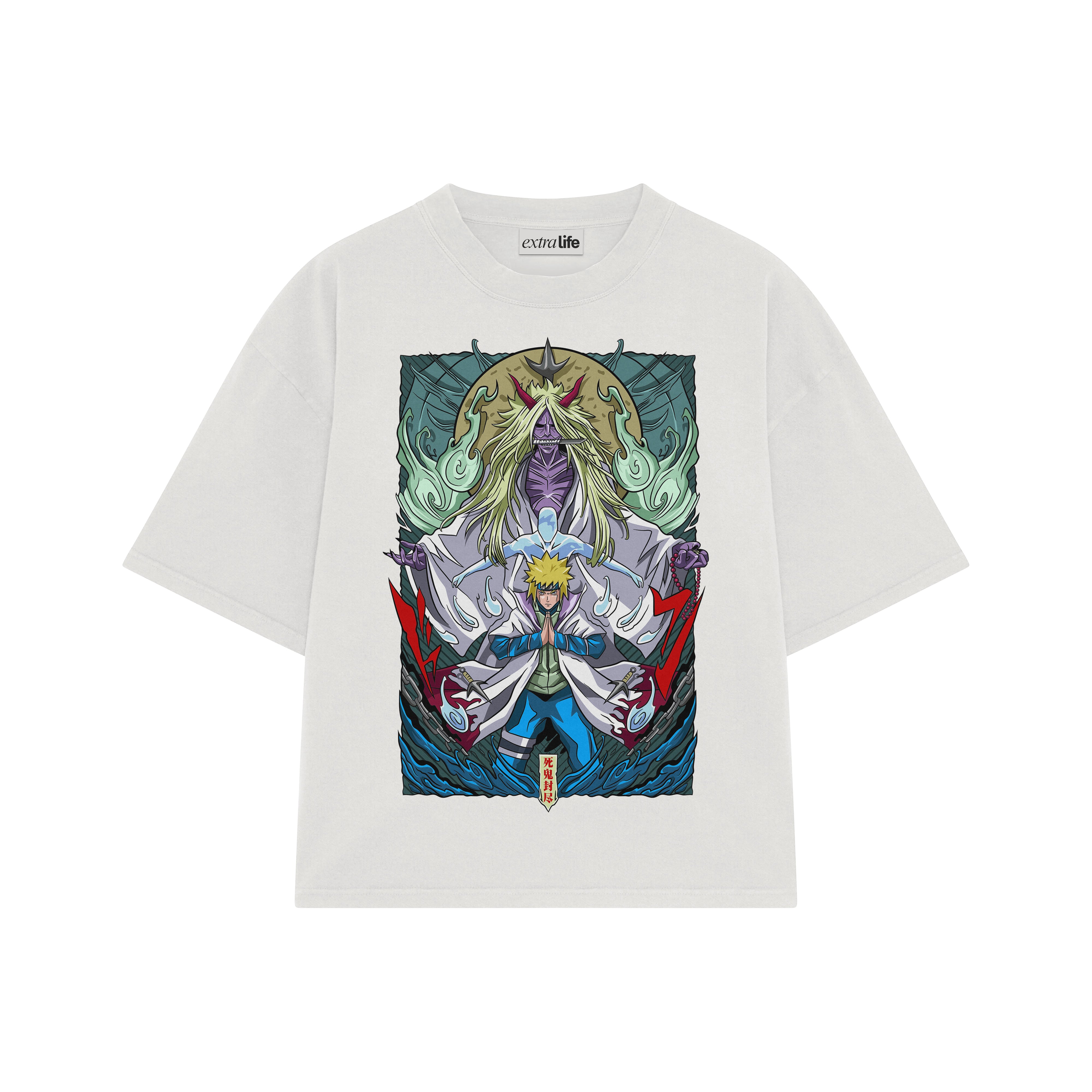 Playera streetwear premium de anime y gaming ExtraLife MX, corte boxy oversized drop shoulder heavyweight en color Deep Black y Off-White, moda urbana mexicana de culto.