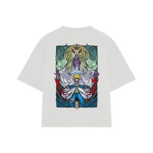 Playera streetwear premium de anime y gaming ExtraLife MX, corte boxy oversized drop shoulder heavyweight en color Deep Black y Off-White, moda urbana mexicana de culto.
