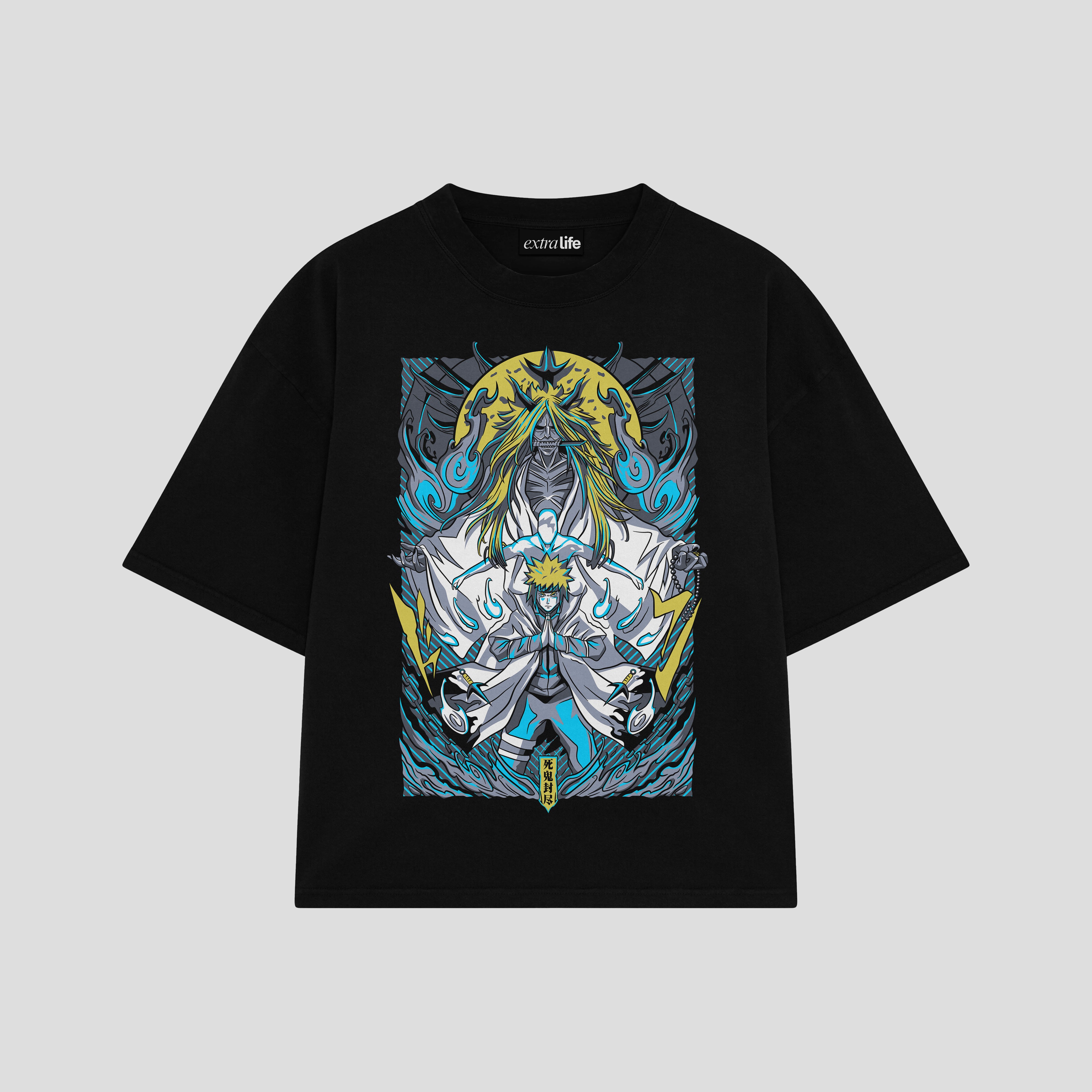 Playera streetwear premium de anime y gaming ExtraLife MX, corte boxy oversized drop shoulder heavyweight en color Deep Black y Off-White, moda urbana mexicana de culto.