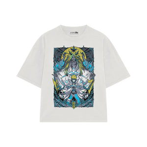 Playera streetwear premium de anime y gaming ExtraLife MX, corte boxy oversized drop shoulder heavyweight en color Deep Black y Off-White, moda urbana mexicana de culto.