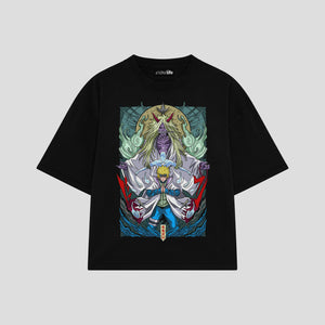 Playera streetwear premium de anime y gaming ExtraLife MX, corte boxy oversized drop shoulder heavyweight en color Deep Black y Off-White, moda urbana mexicana de culto.