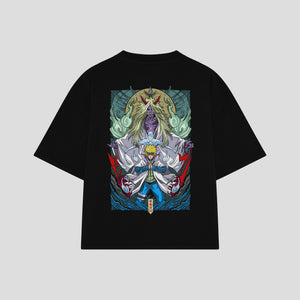 Playera streetwear premium de anime y gaming ExtraLife MX, corte boxy oversized drop shoulder heavyweight en color Deep Black y Off-White, moda urbana mexicana de culto.
