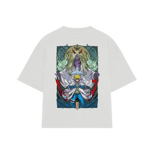 Playera streetwear premium de anime y gaming ExtraLife MX, corte boxy oversized drop shoulder heavyweight en color Deep Black y Off-White, moda urbana mexicana de culto.
