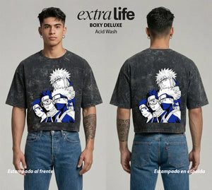 Playera streetwear premium de anime y gaming ExtraLife MX, corte boxy deluxe mineral wash heavyweight en color Acid Wash, moda urbana mexicana de culto.