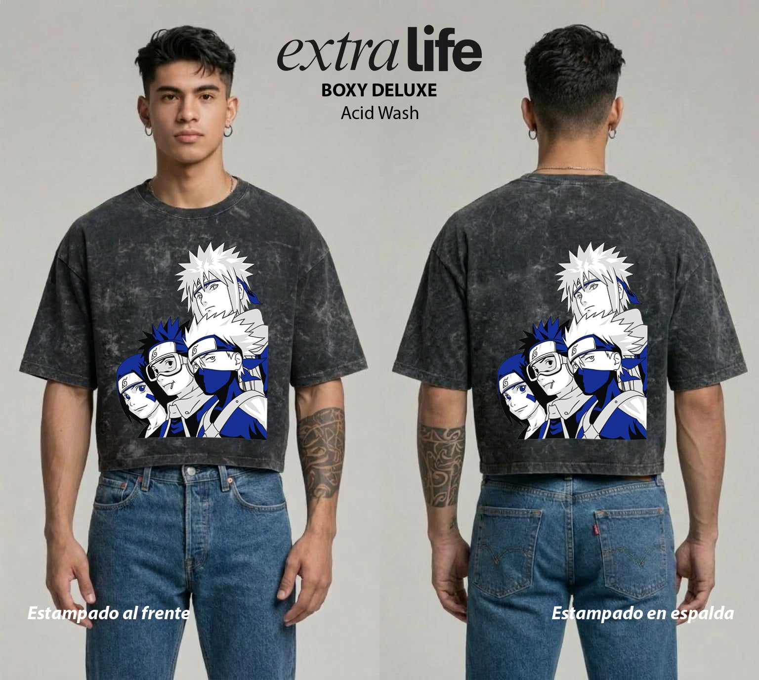 Playera streetwear premium de anime y gaming ExtraLife MX, corte boxy deluxe mineral wash heavyweight en color Acid Wash, moda urbana mexicana de culto.