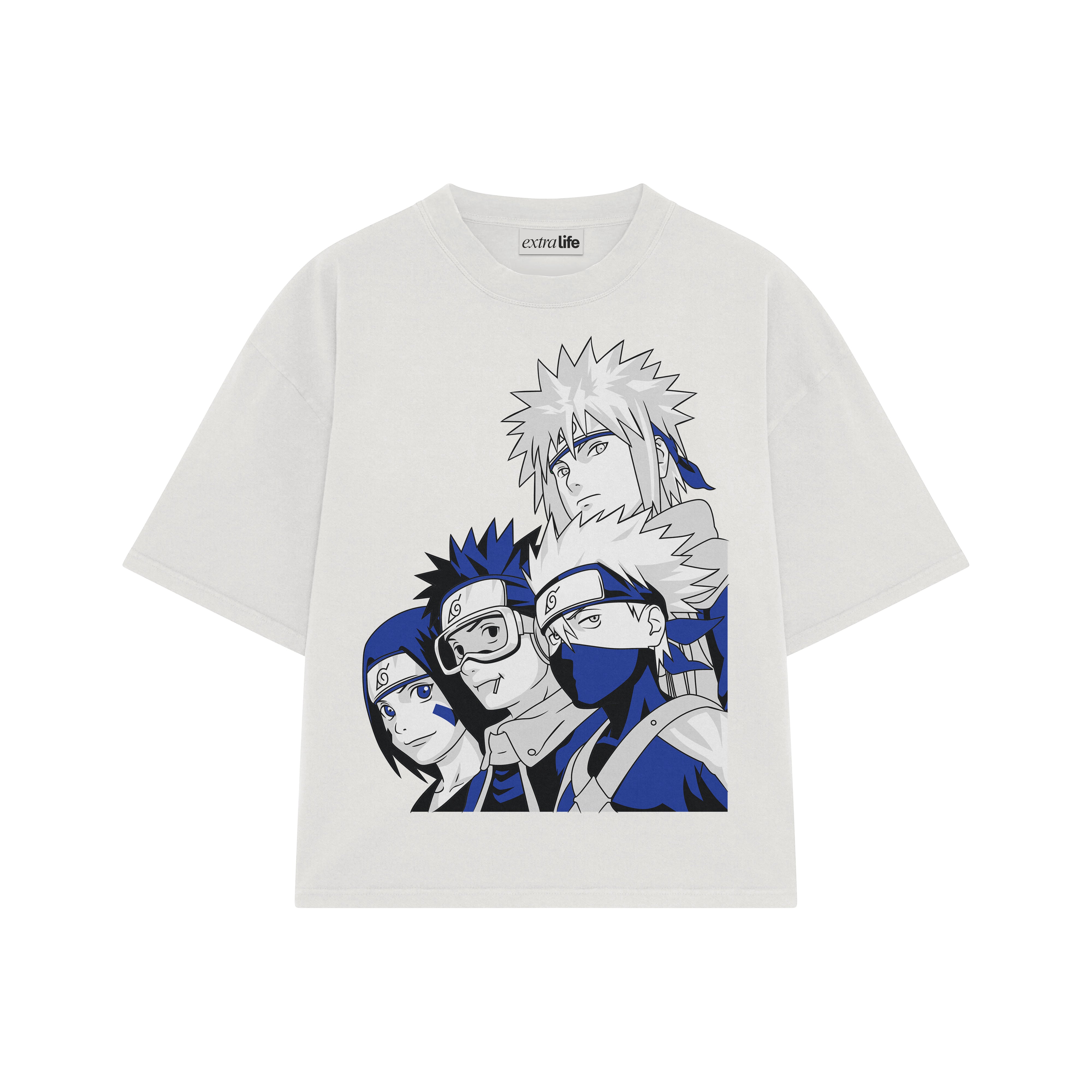 Playera streetwear premium de anime y gaming ExtraLife MX, corte boxy oversized drop shoulder heavyweight en color Deep Black y Off-White, moda urbana mexicana de culto.