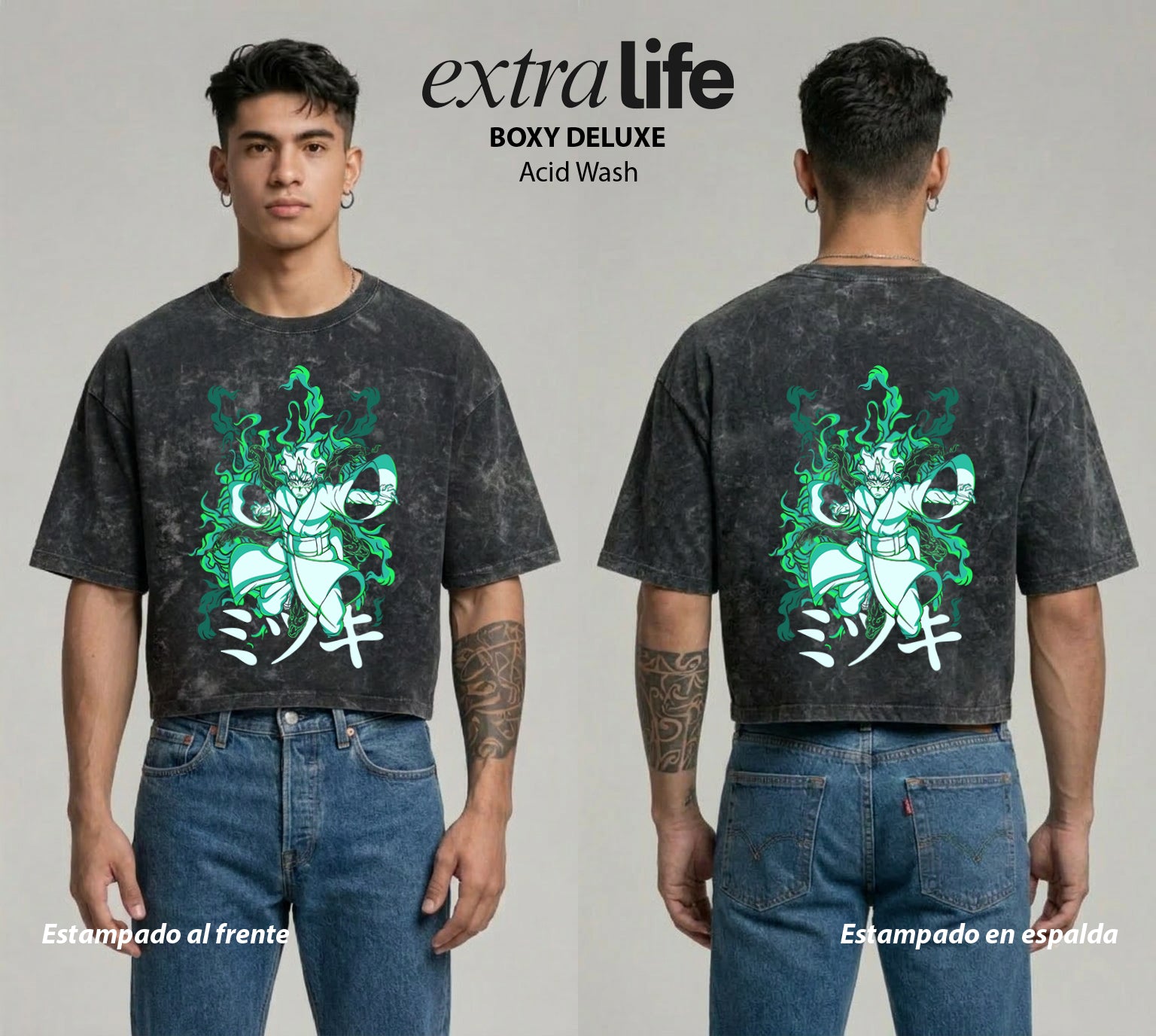 Playera streetwear premium de anime y gaming ExtraLife MX, corte boxy deluxe mineral wash heavyweight en color Acid Wash, moda urbana mexicana de culto.