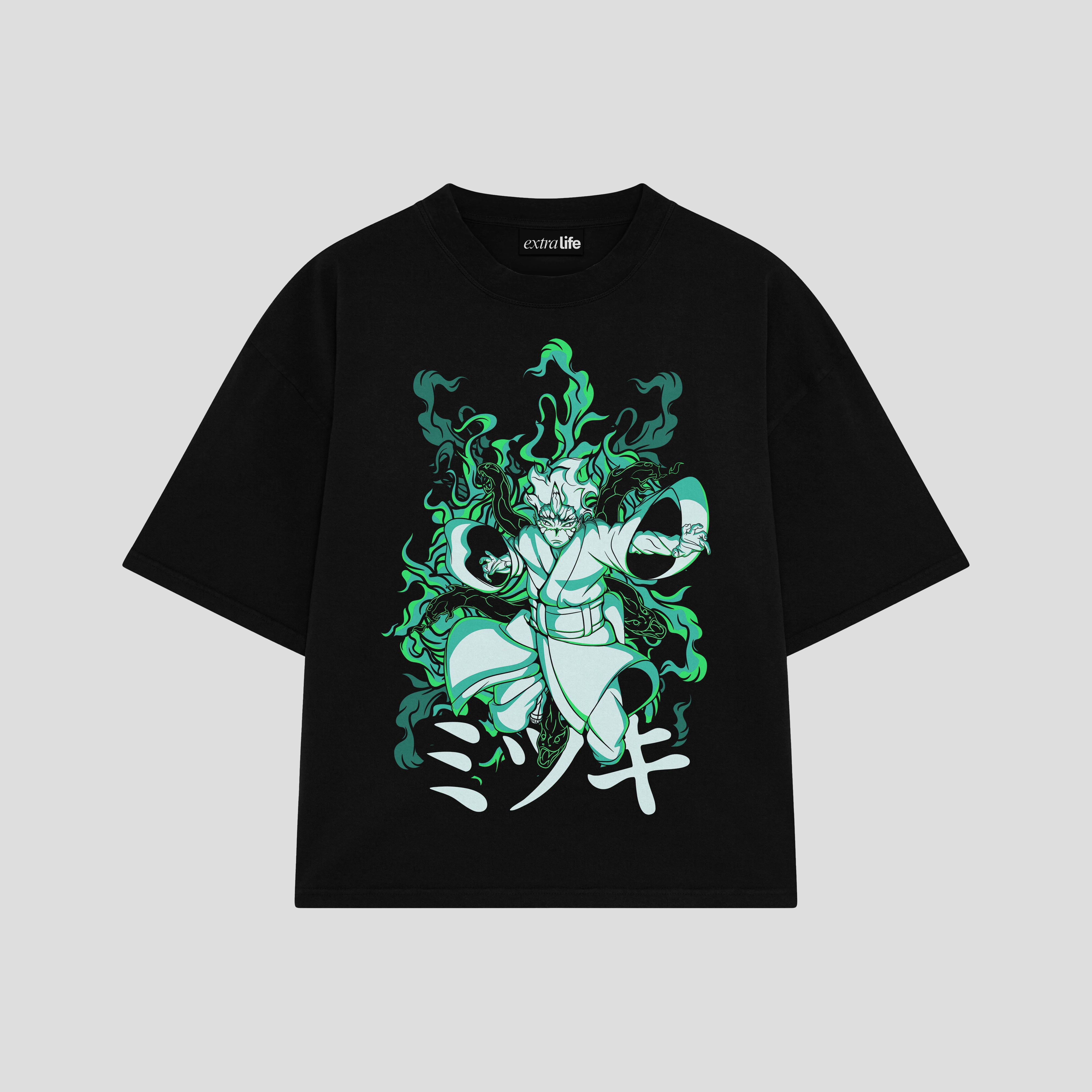 Playera streetwear premium de anime y gaming ExtraLife MX, corte boxy oversized drop shoulder heavyweight en color Deep Black y Off-White, moda urbana mexicana de culto.