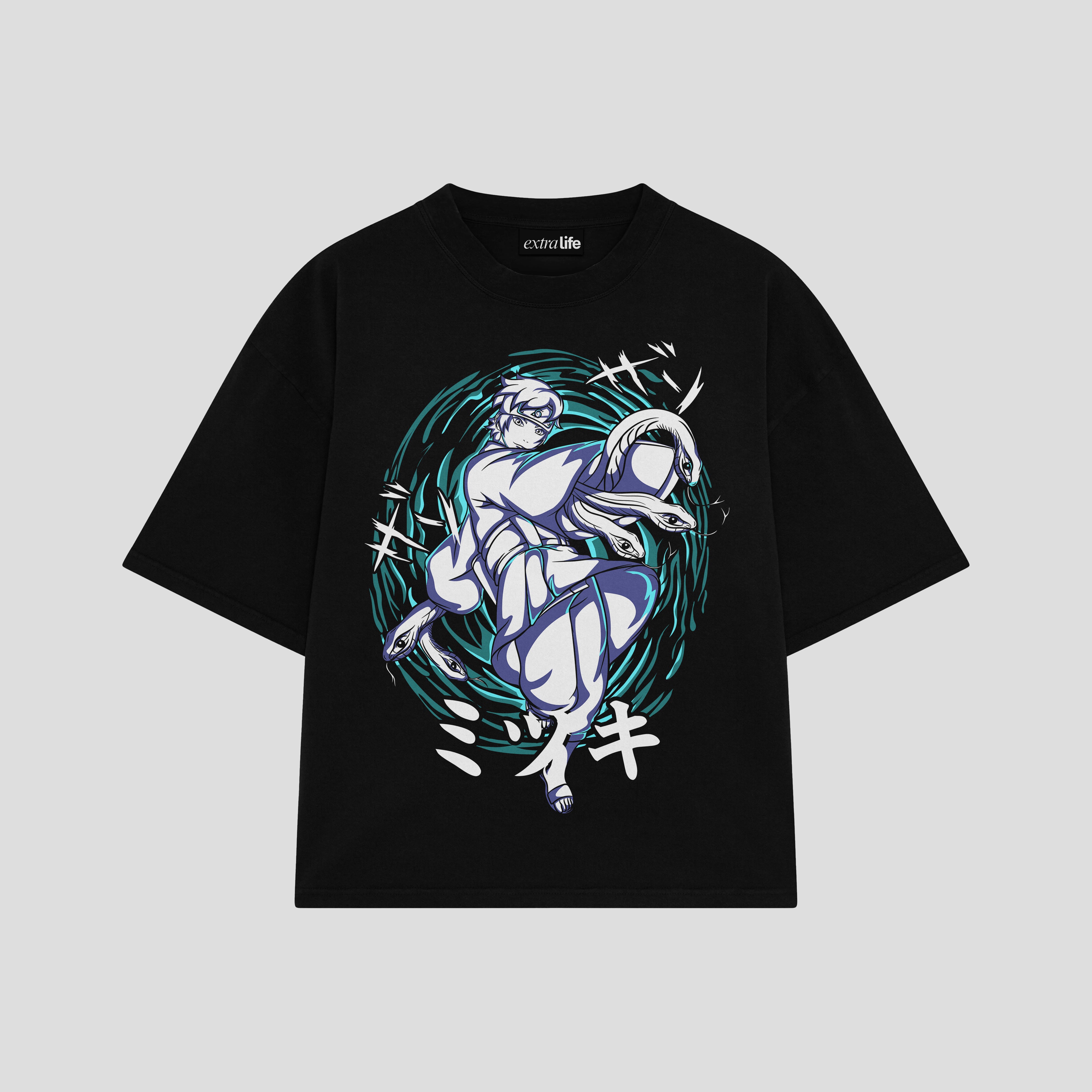 Playera streetwear premium de anime y gaming ExtraLife MX, corte boxy oversized drop shoulder heavyweight en color Deep Black y Off-White, moda urbana mexicana de culto.