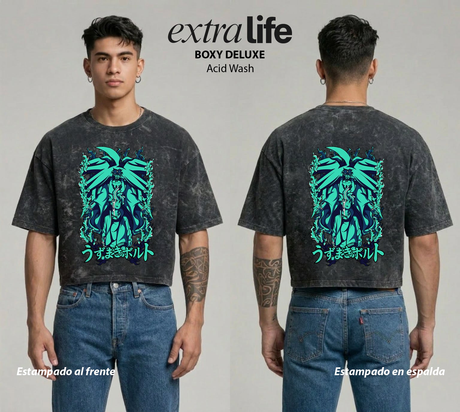 Playera streetwear premium de anime y gaming ExtraLife MX, corte boxy deluxe mineral wash heavyweight en color Acid Wash, moda urbana mexicana de culto.