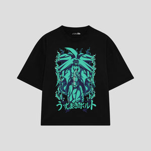 Playera streetwear premium de anime y gaming ExtraLife MX, corte boxy oversized drop shoulder heavyweight en color Deep Black y Off-White, moda urbana mexicana de culto.