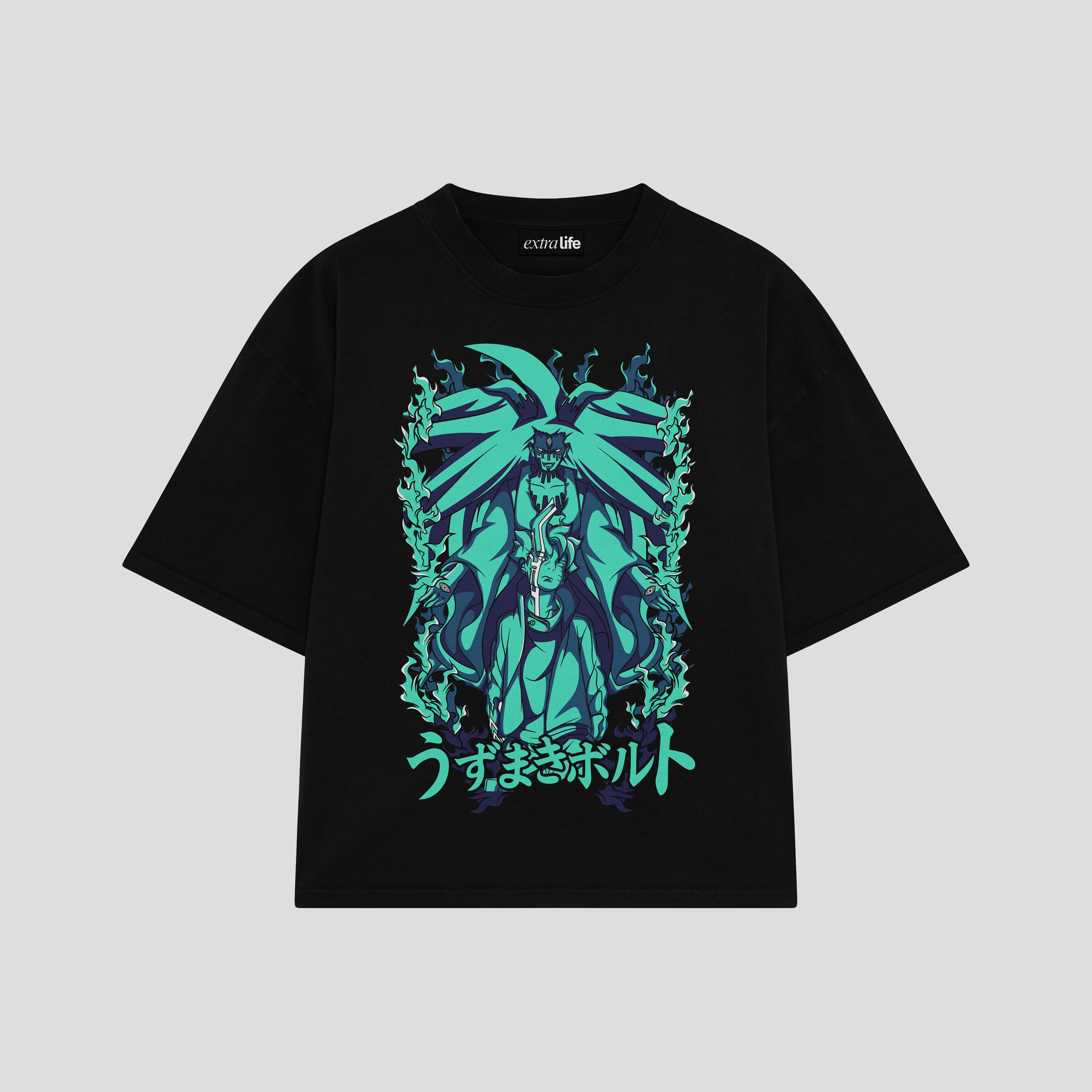Playera streetwear premium de anime y gaming ExtraLife MX, corte boxy oversized drop shoulder heavyweight en color Deep Black y Off-White, moda urbana mexicana de culto.