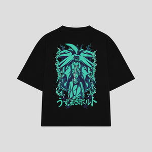 Playera streetwear premium de anime y gaming ExtraLife MX, corte boxy oversized drop shoulder heavyweight en color Deep Black y Off-White, moda urbana mexicana de culto.