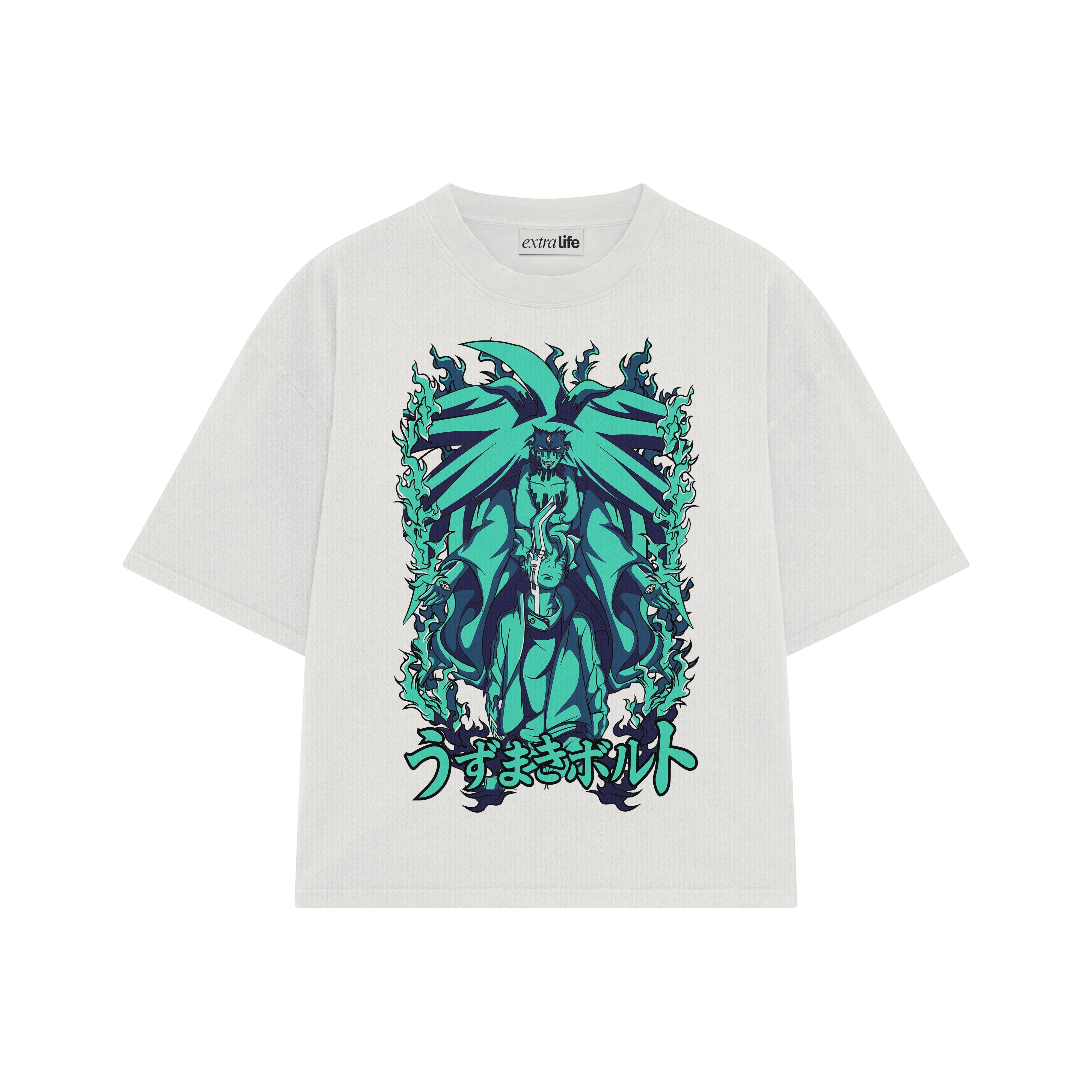 Playera streetwear premium de anime y gaming ExtraLife MX, corte boxy oversized drop shoulder heavyweight en color Deep Black y Off-White, moda urbana mexicana de culto.