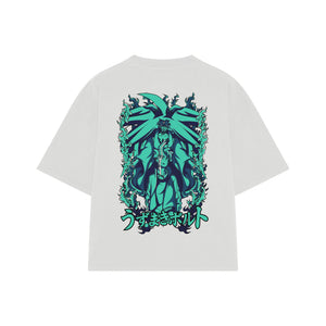 Playera streetwear premium de anime y gaming ExtraLife MX, corte boxy oversized drop shoulder heavyweight en color Deep Black y Off-White, moda urbana mexicana de culto.