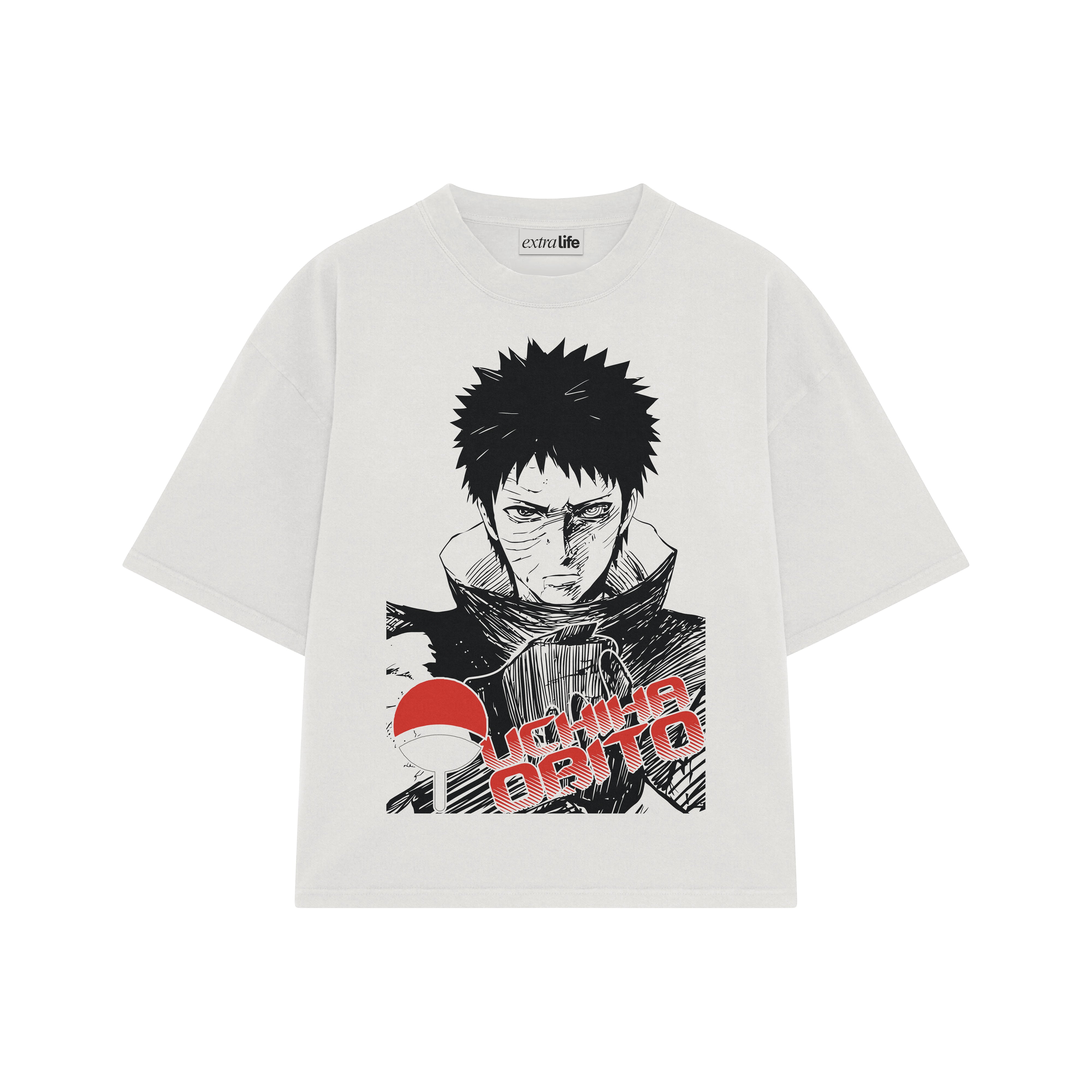 Playera streetwear premium de anime y gaming ExtraLife MX, corte boxy oversized drop shoulder heavyweight en color Deep Black y Off-White, moda urbana mexicana de culto.