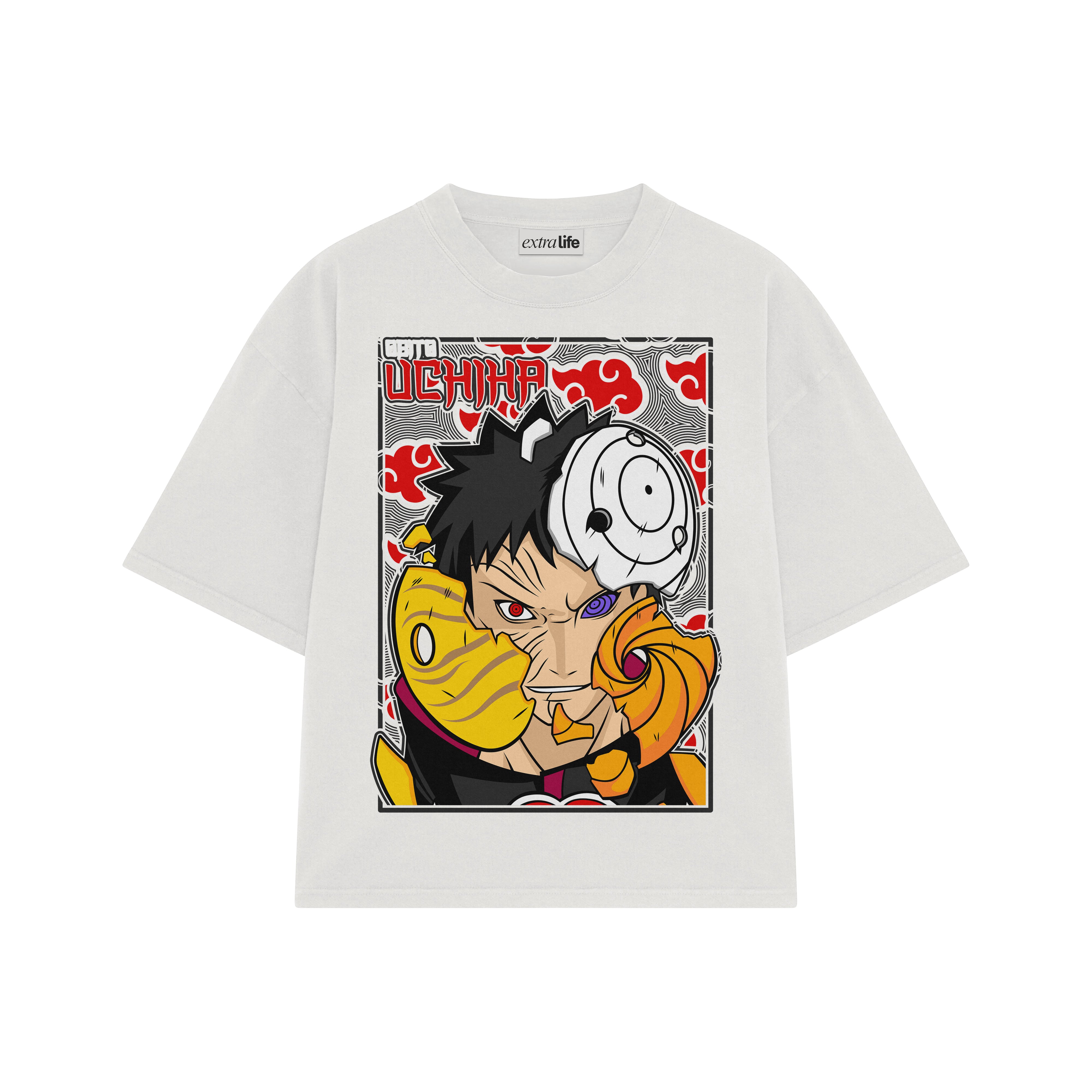 Playera streetwear premium de anime y gaming ExtraLife MX, corte boxy oversized drop shoulder heavyweight en color Deep Black y Off-White, moda urbana mexicana de culto.