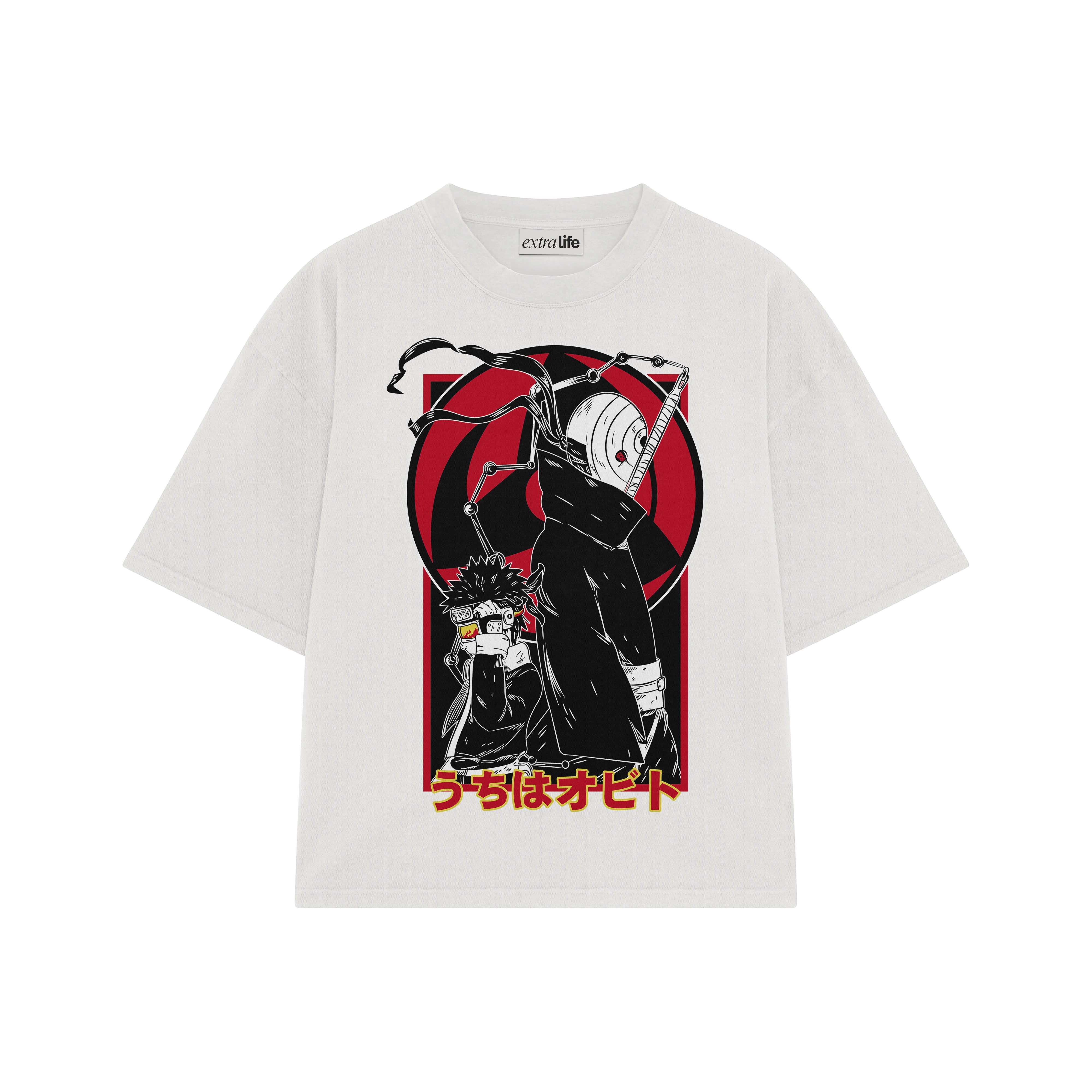 Playera streetwear premium de anime y gaming ExtraLife MX, corte boxy oversized drop shoulder heavyweight en color Deep Black y Off-White, moda urbana mexicana de culto.
