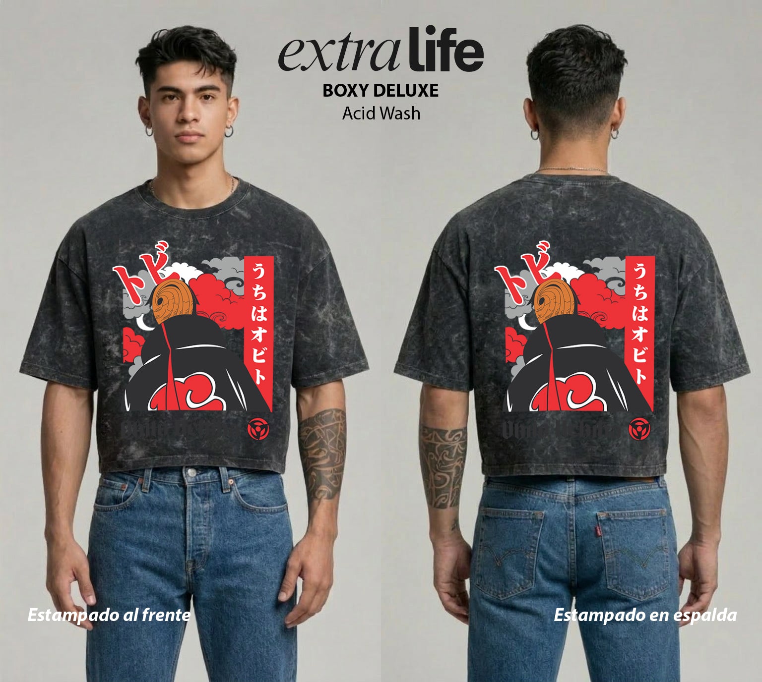Playera streetwear premium de anime y gaming ExtraLife MX, corte boxy deluxe mineral wash heavyweight en color Acid Wash, moda urbana mexicana de culto.
