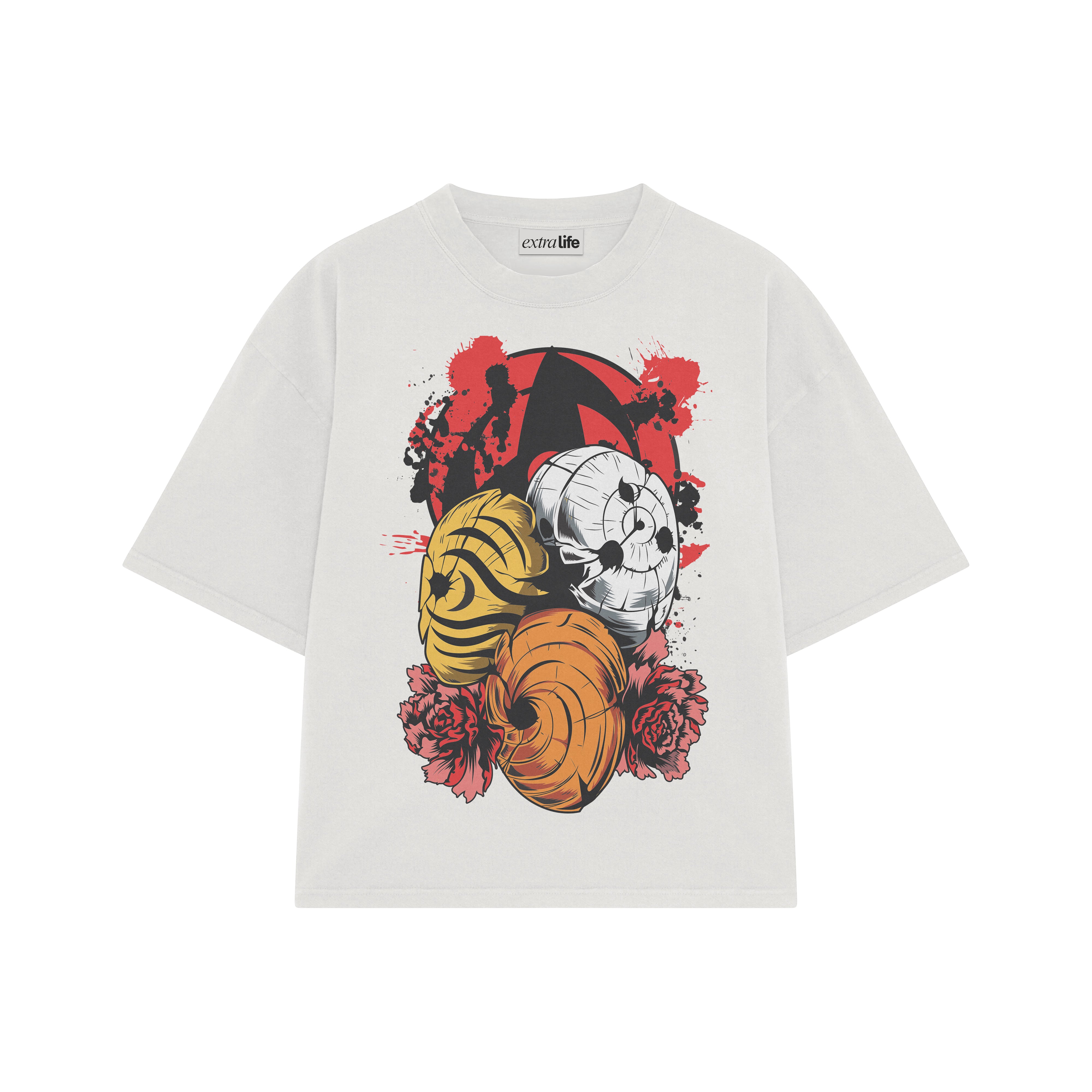 Playera streetwear premium de anime y gaming ExtraLife MX, corte boxy oversized drop shoulder heavyweight en color Deep Black y Off-White, moda urbana mexicana de culto.