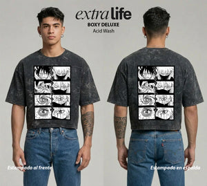 Playera streetwear premium de anime y gaming ExtraLife MX, corte boxy deluxe mineral wash heavyweight en color Acid Wash, moda urbana mexicana de culto.