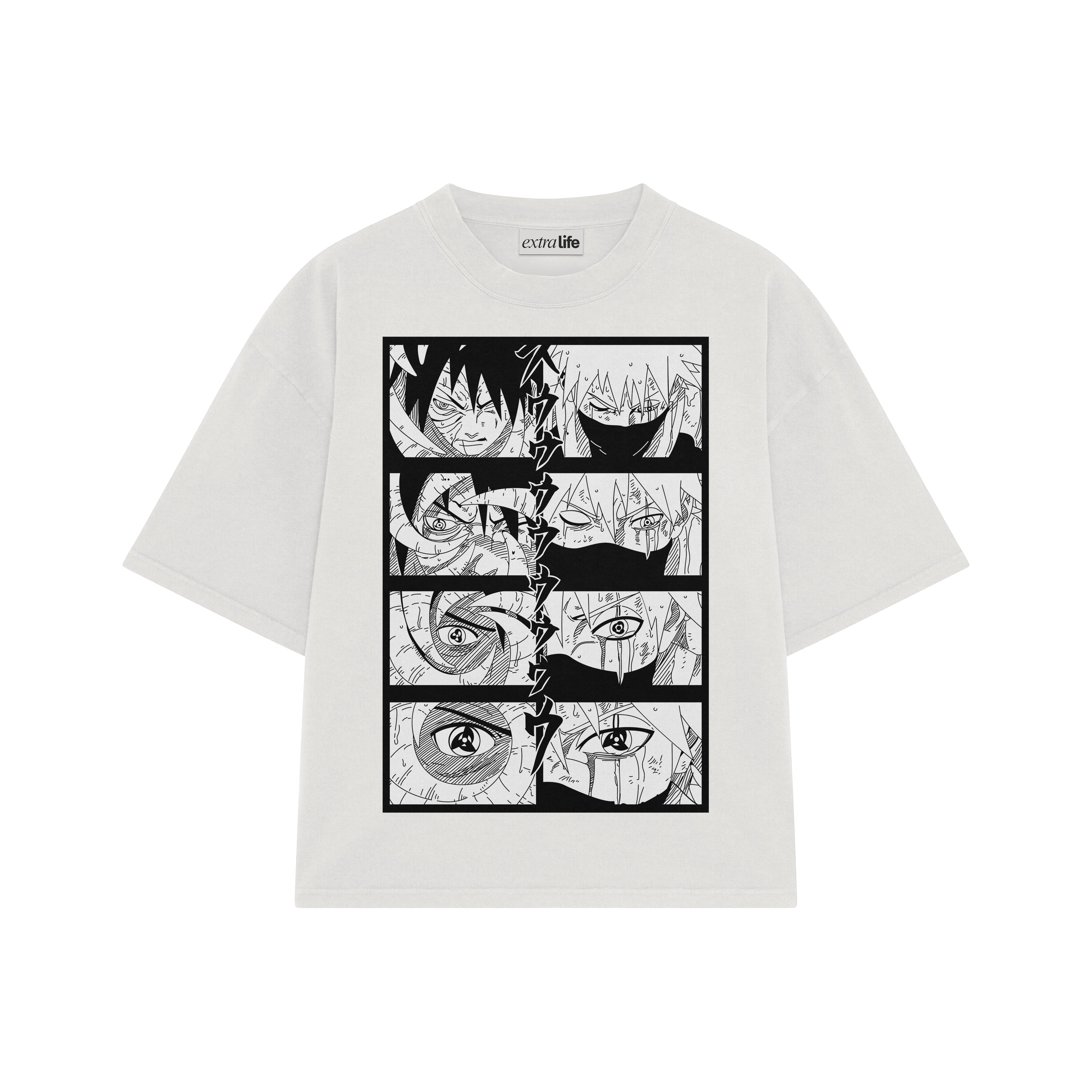 Playera streetwear premium de anime y gaming ExtraLife MX, corte boxy oversized drop shoulder heavyweight en color Deep Black y Off-White, moda urbana mexicana de culto.