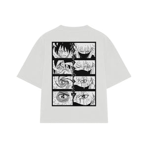 Playera streetwear premium de anime y gaming ExtraLife MX, corte boxy oversized drop shoulder heavyweight en color Deep Black y Off-White, moda urbana mexicana de culto.