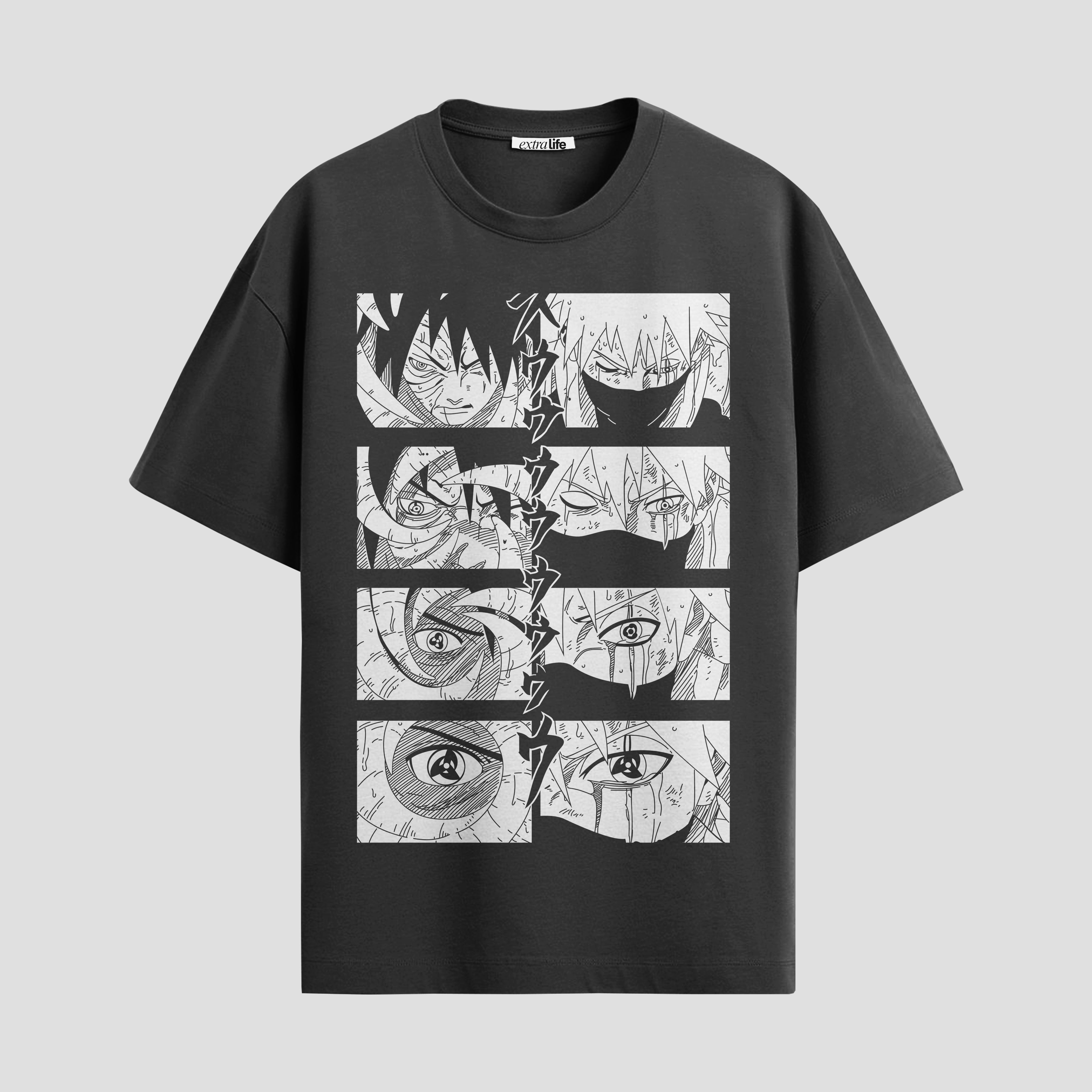 Playera urbana de anime y gaming ExtraLife MX, corte Standard Fit unisex ligero y transpirable en color Deep Black y Pure White, ropa de uso diario para gym y casual.