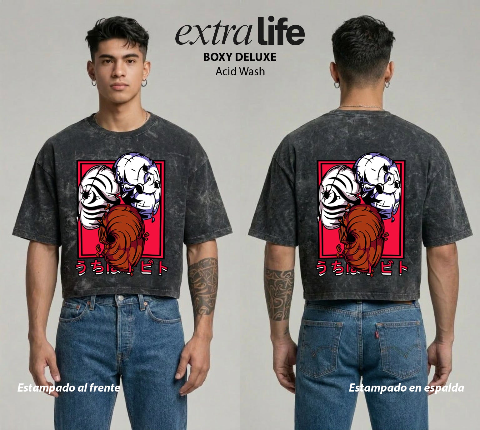 Playera streetwear premium de anime y gaming ExtraLife MX, corte boxy deluxe mineral wash heavyweight en color Acid Wash, moda urbana mexicana de culto.