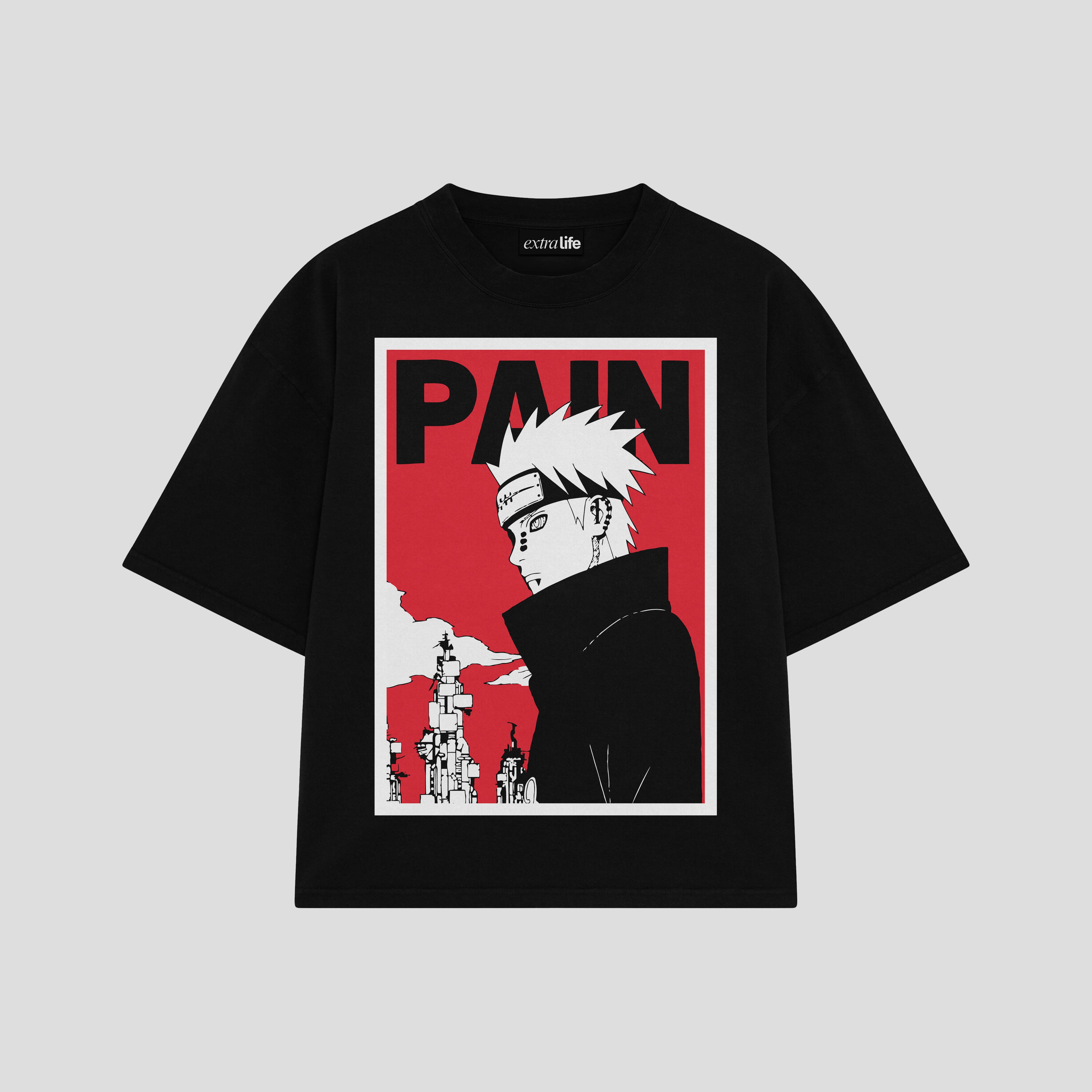 Playera streetwear premium de anime y gaming ExtraLife MX, corte boxy oversized drop shoulder heavyweight en color Deep Black y Off-White, moda urbana mexicana de culto.