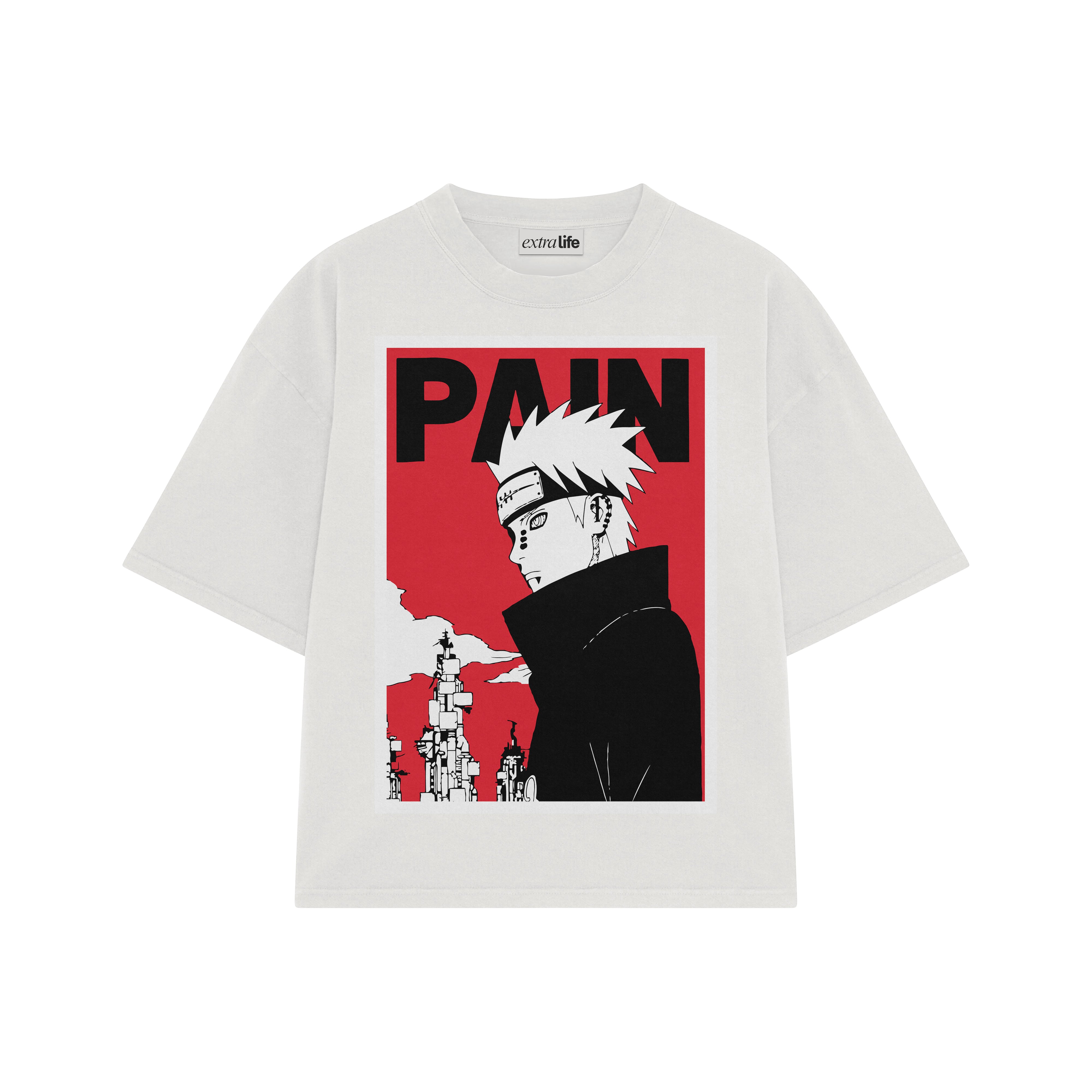 Playera streetwear premium de anime y gaming ExtraLife MX, corte boxy oversized drop shoulder heavyweight en color Deep Black y Off-White, moda urbana mexicana de culto.