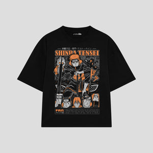 Playera streetwear premium de anime y gaming ExtraLife MX, corte boxy oversized drop shoulder heavyweight en color Deep Black y Off-White, moda urbana mexicana de culto.