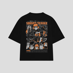 Playera streetwear premium de anime y gaming ExtraLife MX, corte boxy oversized drop shoulder heavyweight en color Deep Black y Off-White, moda urbana mexicana de culto.