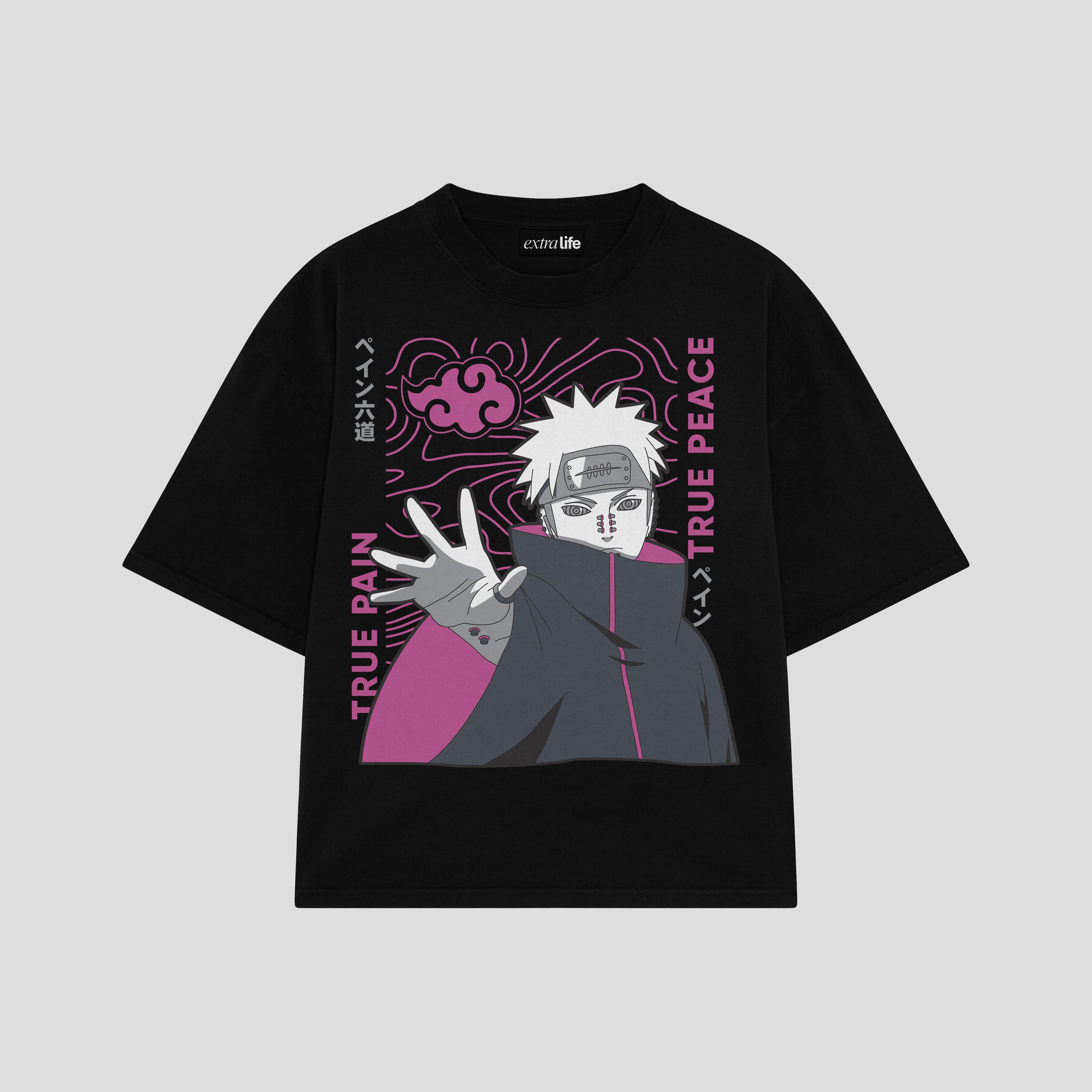 Playera streetwear premium de anime y gaming ExtraLife MX, corte boxy oversized drop shoulder heavyweight en color Deep Black y Off-White, moda urbana mexicana de culto.