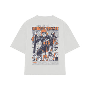 Playera streetwear premium de anime y gaming ExtraLife MX, corte boxy oversized drop shoulder heavyweight en color Deep Black y Off-White, moda urbana mexicana de culto.