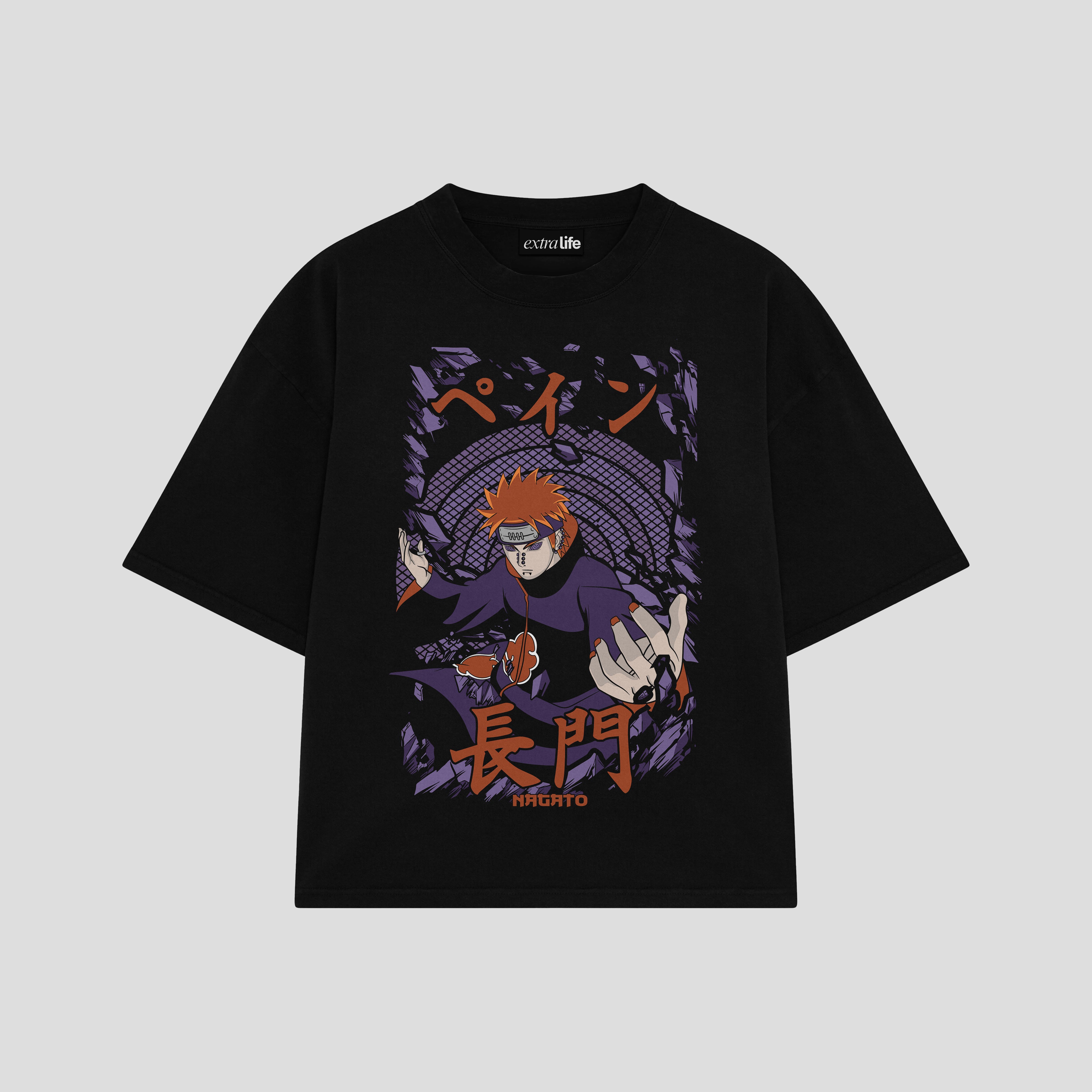 Playera streetwear premium de anime y gaming ExtraLife MX, corte boxy oversized drop shoulder heavyweight en color Deep Black y Off-White, moda urbana mexicana de culto.