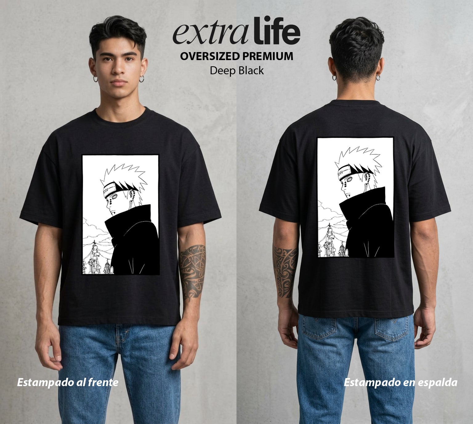La Aldea Oculta | Spiritu del Zorro #02881 - Playera Oversized Premium | Deep Black - Foto en modelo