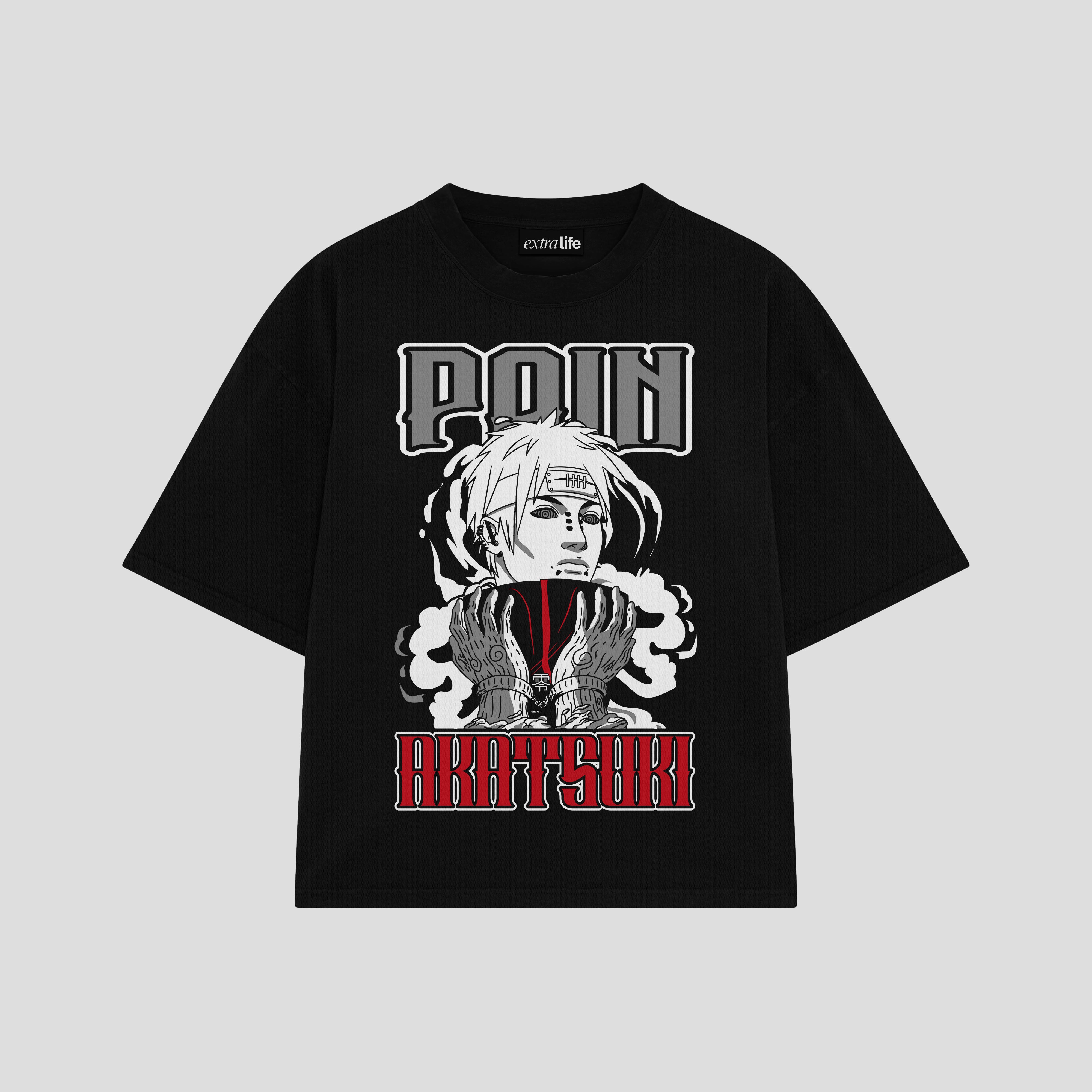 Playera streetwear premium de anime y gaming ExtraLife MX, corte boxy oversized drop shoulder heavyweight en color Deep Black y Off-White, moda urbana mexicana de culto.