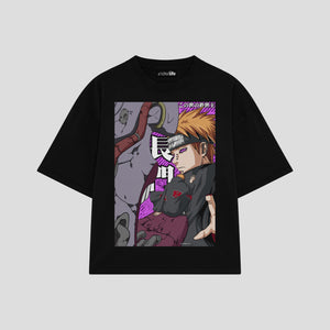 Playera streetwear premium de anime y gaming ExtraLife MX, corte boxy oversized drop shoulder heavyweight en color Deep Black y Off-White, moda urbana mexicana de culto.