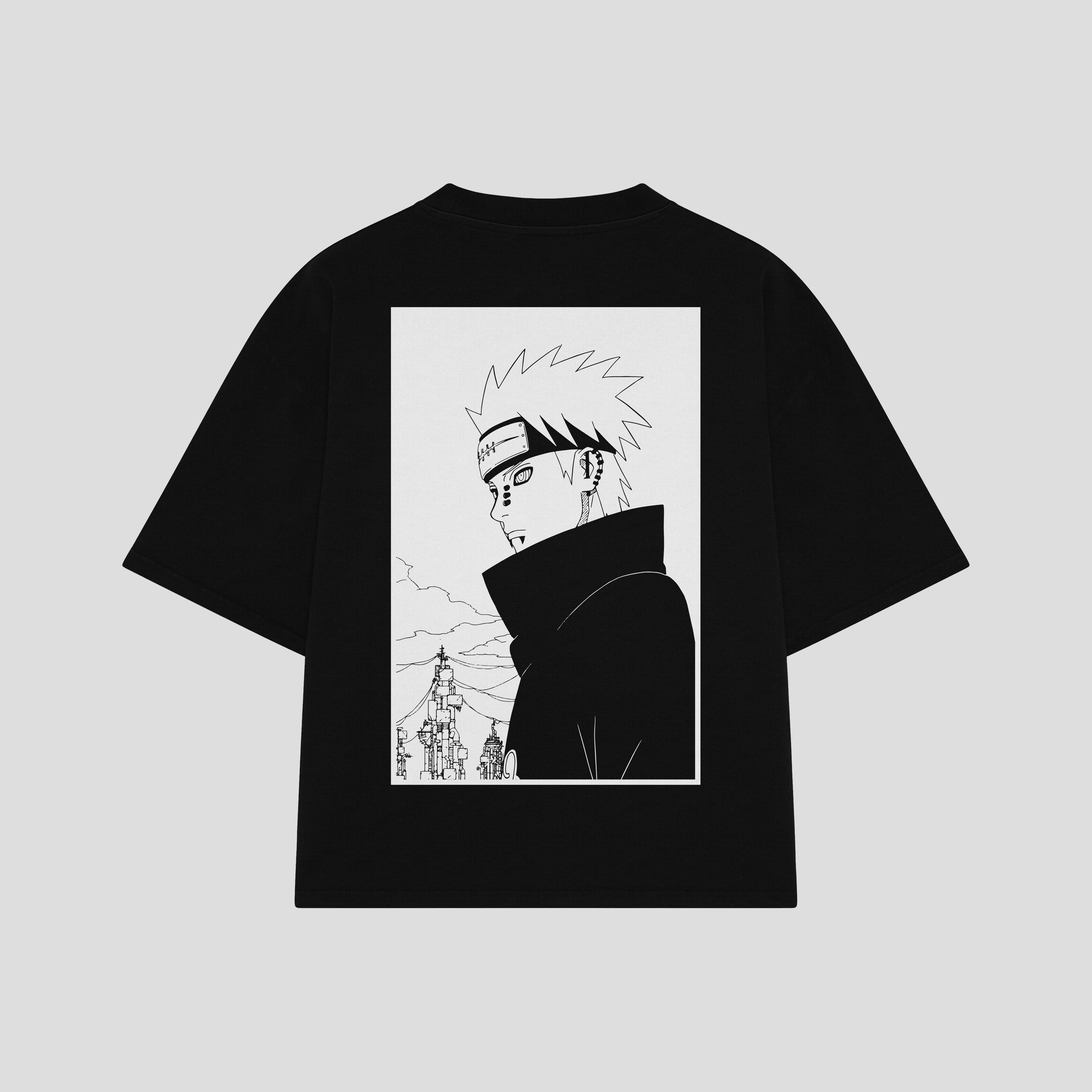 Playera streetwear premium de anime y gaming ExtraLife MX, corte boxy oversized drop shoulder heavyweight en color Deep Black y Off-White, moda urbana mexicana de culto.