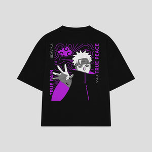 Playera streetwear premium de anime y gaming ExtraLife MX, corte boxy oversized drop shoulder heavyweight en color Deep Black y Off-White, moda urbana mexicana de culto.