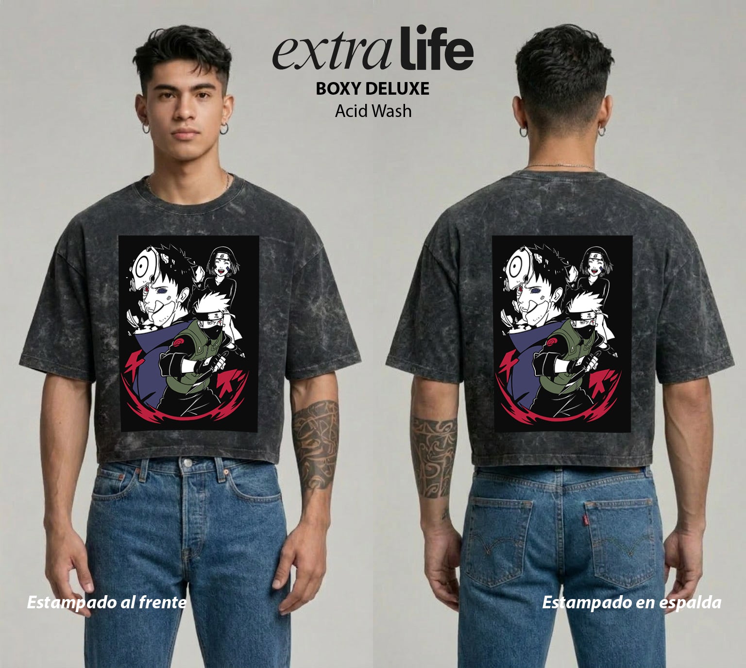 Playera streetwear premium de anime y gaming ExtraLife MX, corte boxy deluxe mineral wash heavyweight en color Acid Wash, moda urbana mexicana de culto.