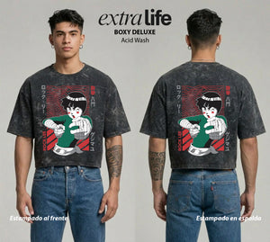 Playera streetwear premium de anime y gaming ExtraLife MX, corte boxy deluxe mineral wash heavyweight en color Acid Wash, moda urbana mexicana de culto.