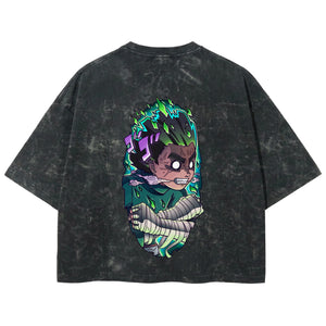 Playera streetwear premium de anime y gaming ExtraLife MX, corte boxy deluxe mineral wash heavyweight en color Acid Wash, moda urbana mexicana de culto.