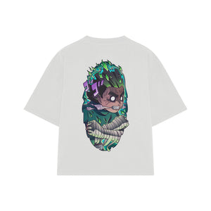 Playera streetwear premium de anime y gaming ExtraLife MX, corte boxy oversized drop shoulder heavyweight en color Deep Black y Off-White, moda urbana mexicana de culto.