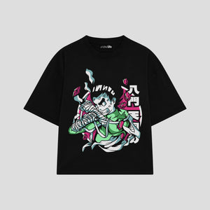 Playera streetwear premium de anime y gaming ExtraLife MX, corte boxy oversized drop shoulder heavyweight en color Deep Black y Off-White, moda urbana mexicana de culto.